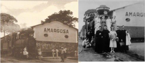 Antiga estação ferroviária de Amargosa com trem e moradores reunidos