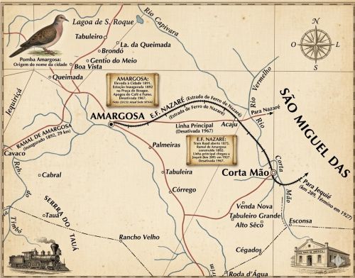 Mapa ilustrativo da Estrada de Ferro de Nazaré passando por Amargosa