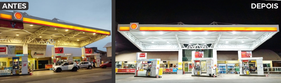 Antes e depois de um posto reformado pela Tech: à esquerda o posto antigo, à direita a nova testeira iluminada